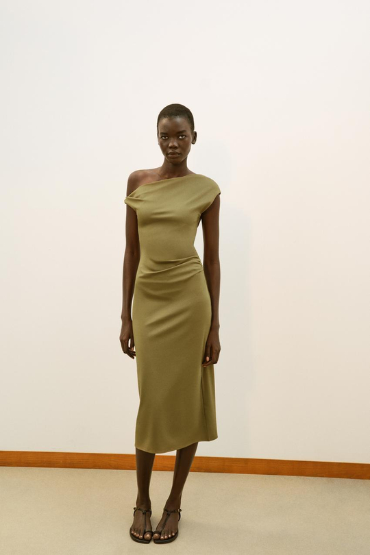 ZARA ПЛАТЬЕ МИДИ АСИММЕТРИЧНОГО КРОЯ, ОЛИВКОВЫЙ