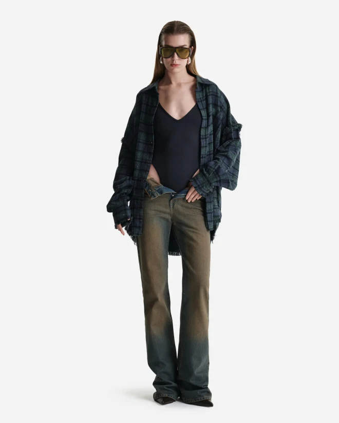 Рубашка в клетку с необработанным краем сине-зеленая