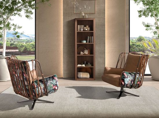 Кресло поворотное 5168 из коричневой кожи и ткани с коричневым принтом