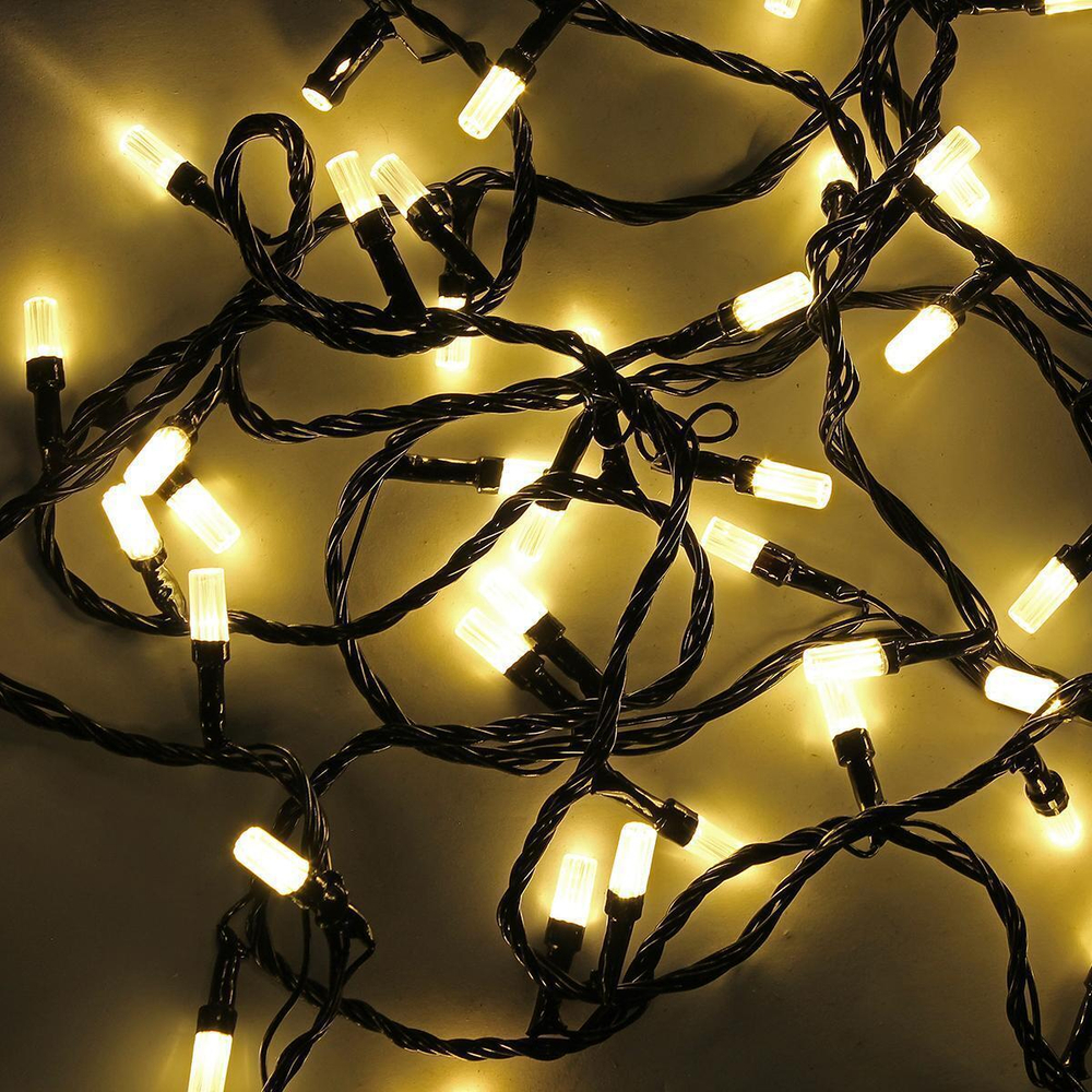 Электрогирлянда LED одноцветная белая 100 ламп, 9 м, 4 режима мигания, черный провод, в конце розетк