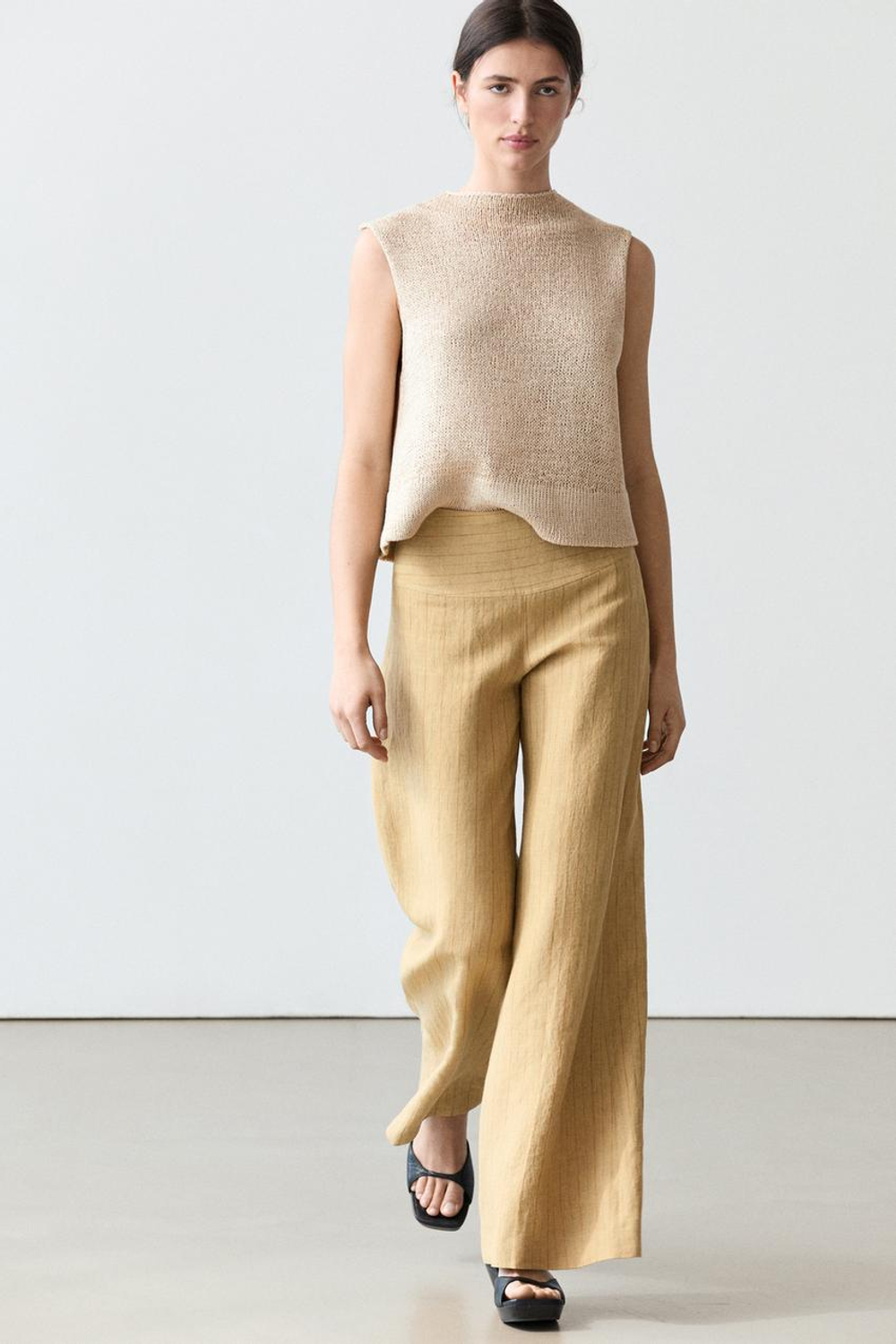 Massimo Dutti Льняные брюки-клеш с полосатым рисунком, песочный