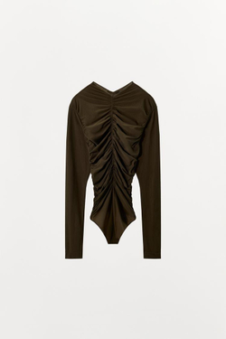 ZARA БОДИ ИЗ ПОЛИАМИДА СО СБОРКАМИ, ЗЕЛЕНЫЙ