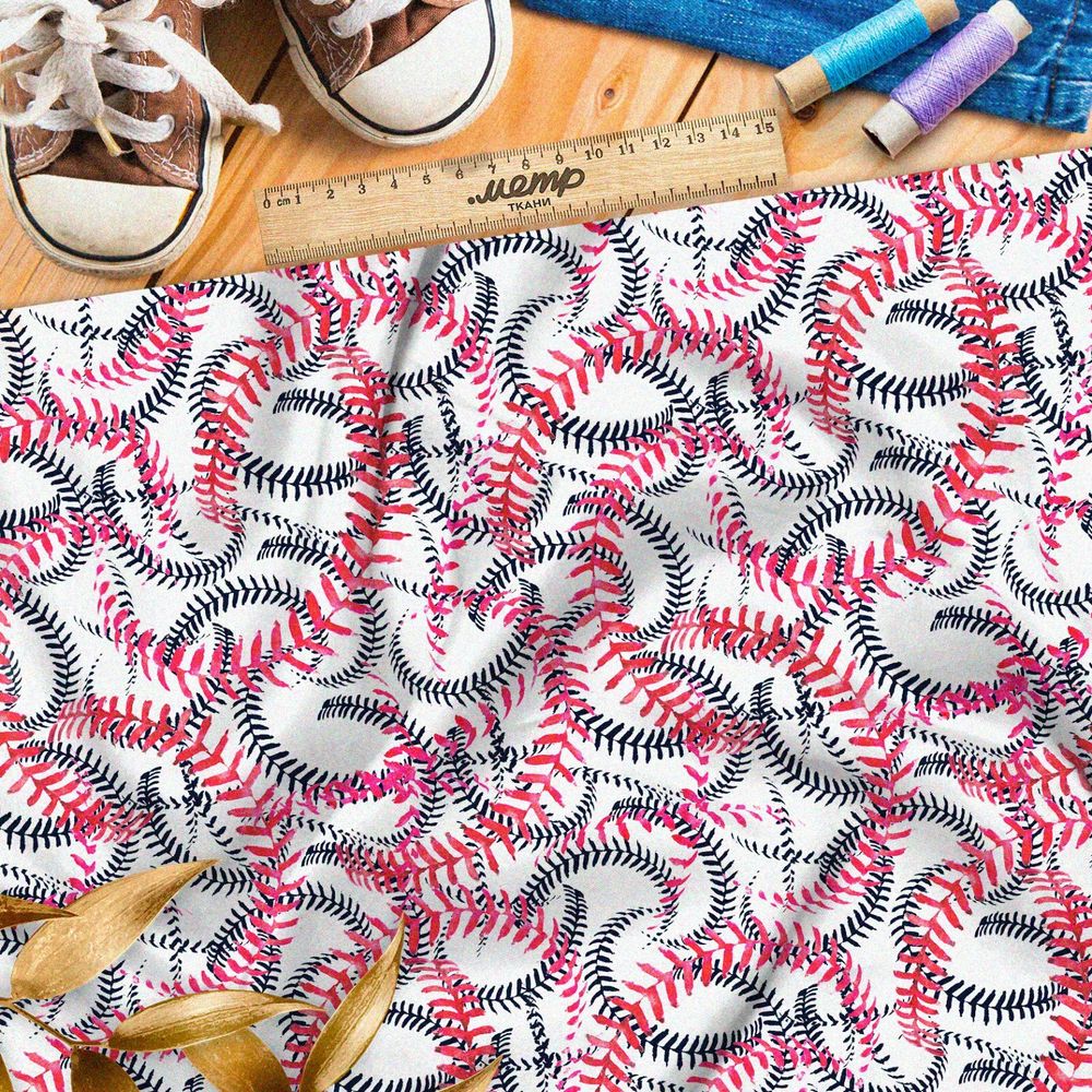 Ткань сатин длинные розовые и чёрные листья на белом фоне