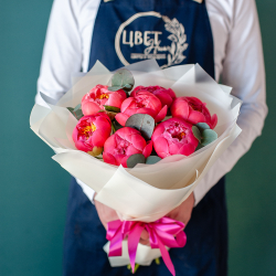 7 пионов корал шарм с эвкалиптом