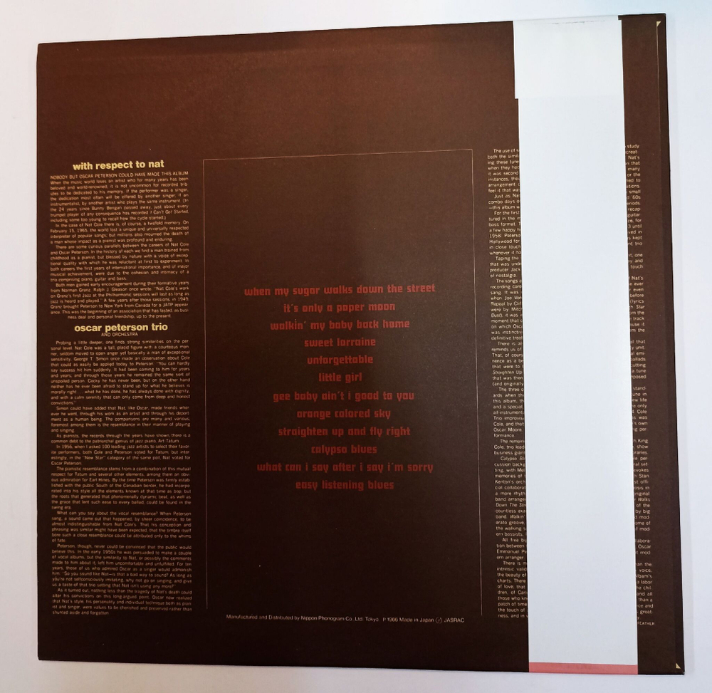 Винтажная виниловая пластинка LP Oscar Peterson Trio And Orchestra With Respect To Nat (Japan 1983)