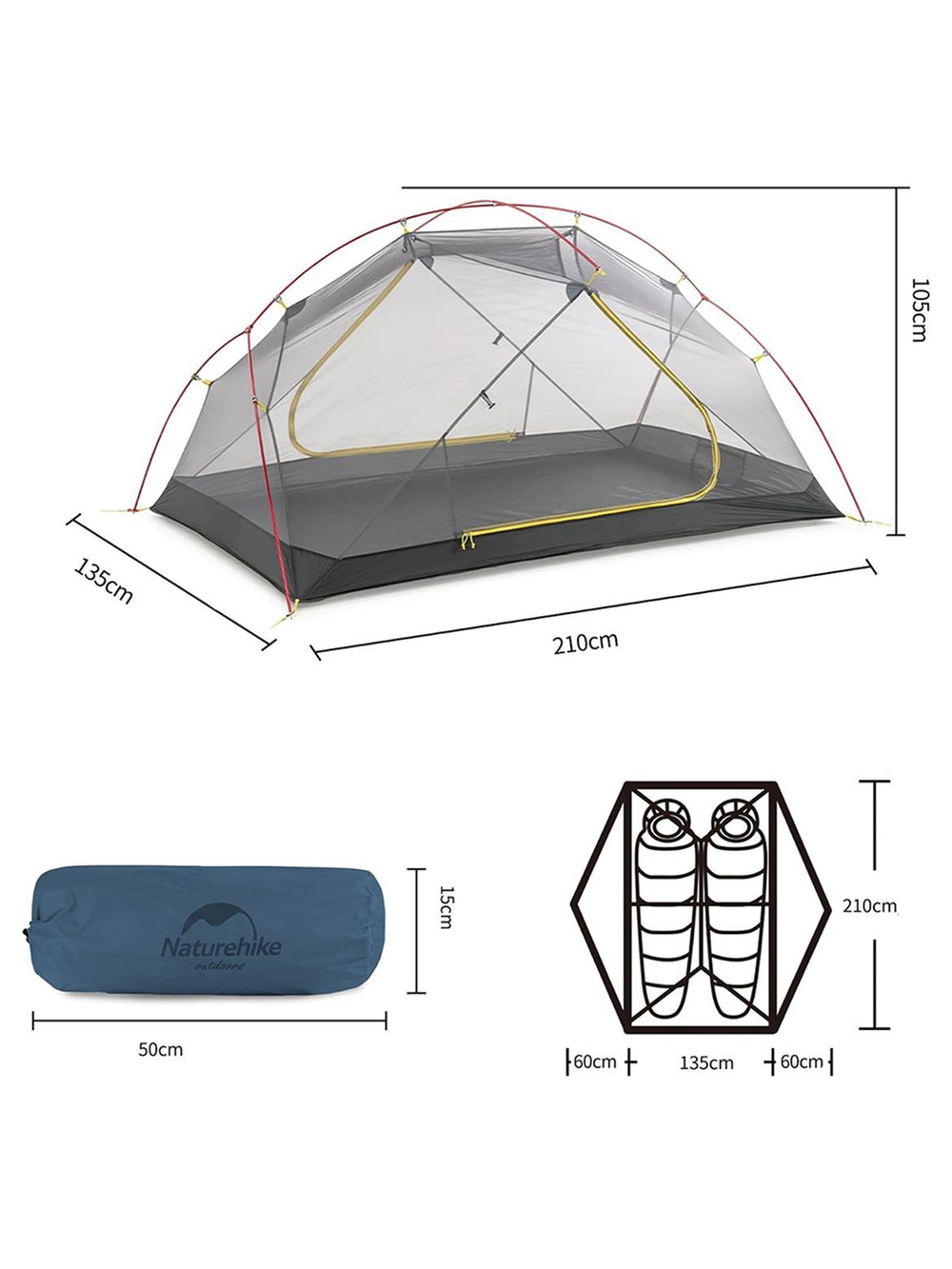 Палатка туристическая 2-местная Naturehike сверхлегкая Mongar NH17T007-M, 210T , зеленый, 6927595767658
