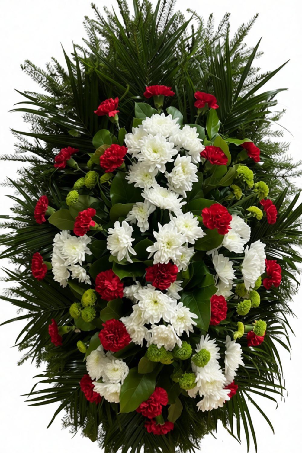 Траурный венок из живых красных гвоздик, белых хризантем и зелени с пальмовыми листьями и свежей хвоей, размер 150 см