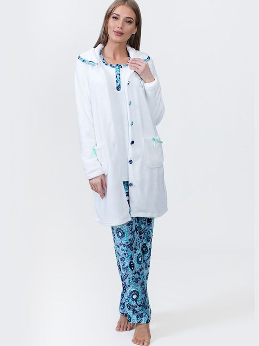 Оригинальная пижама в комплекте с халатом (Размер: XL) (Цвет: голубой)