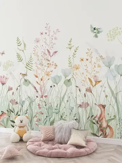 Фотообои на стену Цветы, Трава, Лисы флизелиновые 400х270 см фото обои Mondeco