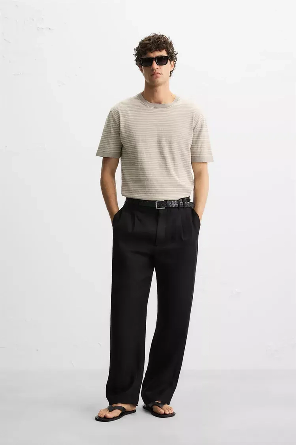 ZARA ПОЛОСАТАЯ ФУТБОЛКА ИЗ ХЛОПКА И ЛЬНА, СЕРЫЙ/БЕЖЕВЫЙ