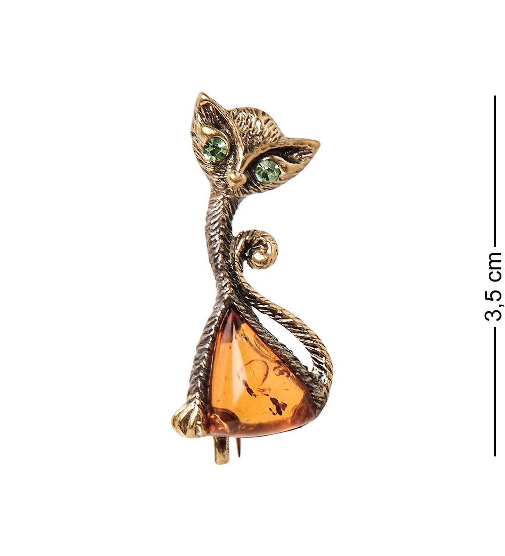 AM-1638 Брошь «Кошка Треугольник» (латунь, янтарь)