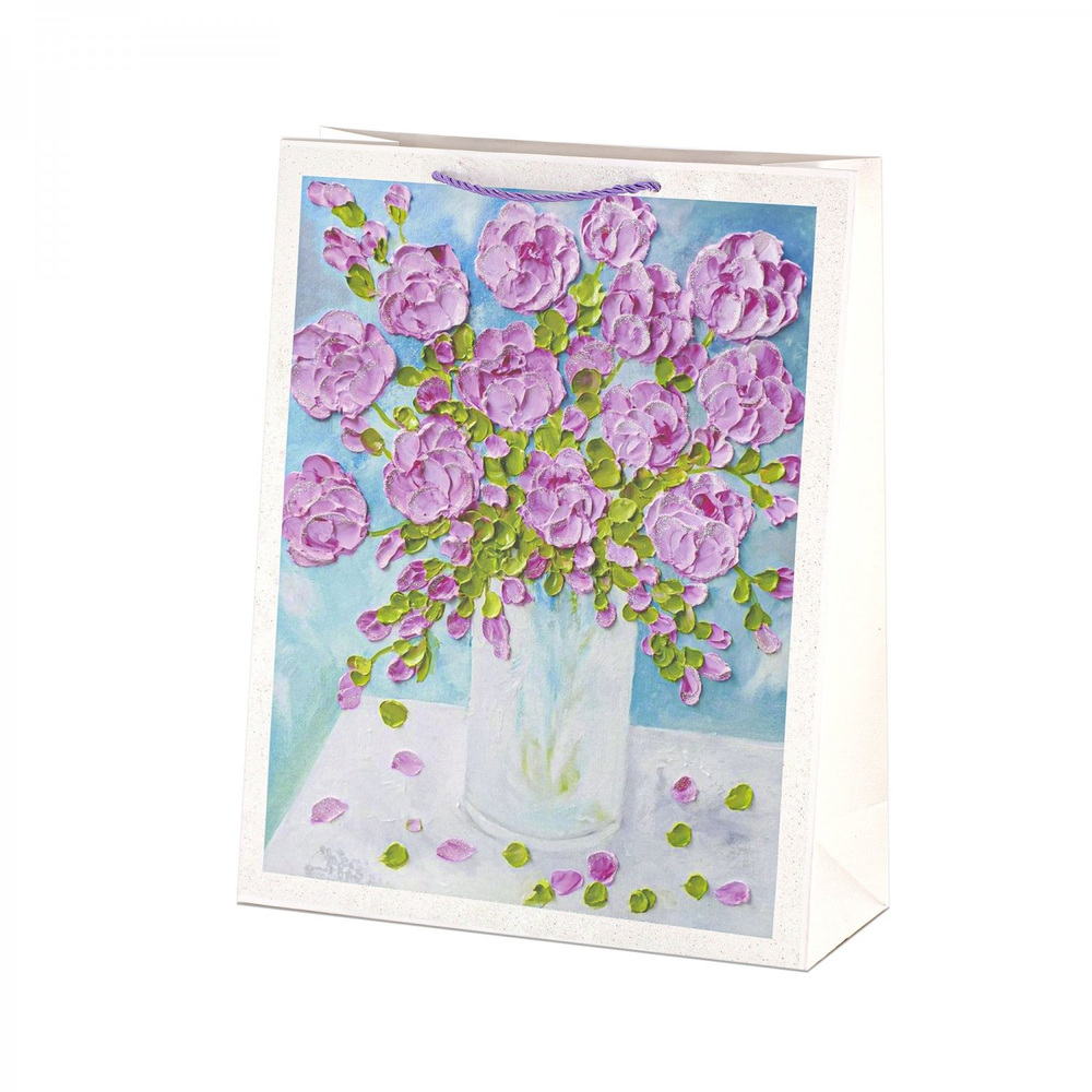 Пакет подарочный бумажный Alingar, (L+) 26х32х10 см, вертикальный, "Цветы маслом", матов. ламинация, глиттер, ассорти