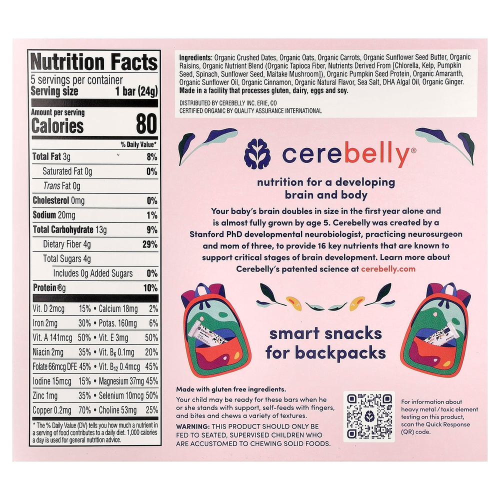 Cerebelly, Smart Bars, органические батончики для малышей, с морковным фиником, 5 батончиков, по 24 г (0,84 унции)
