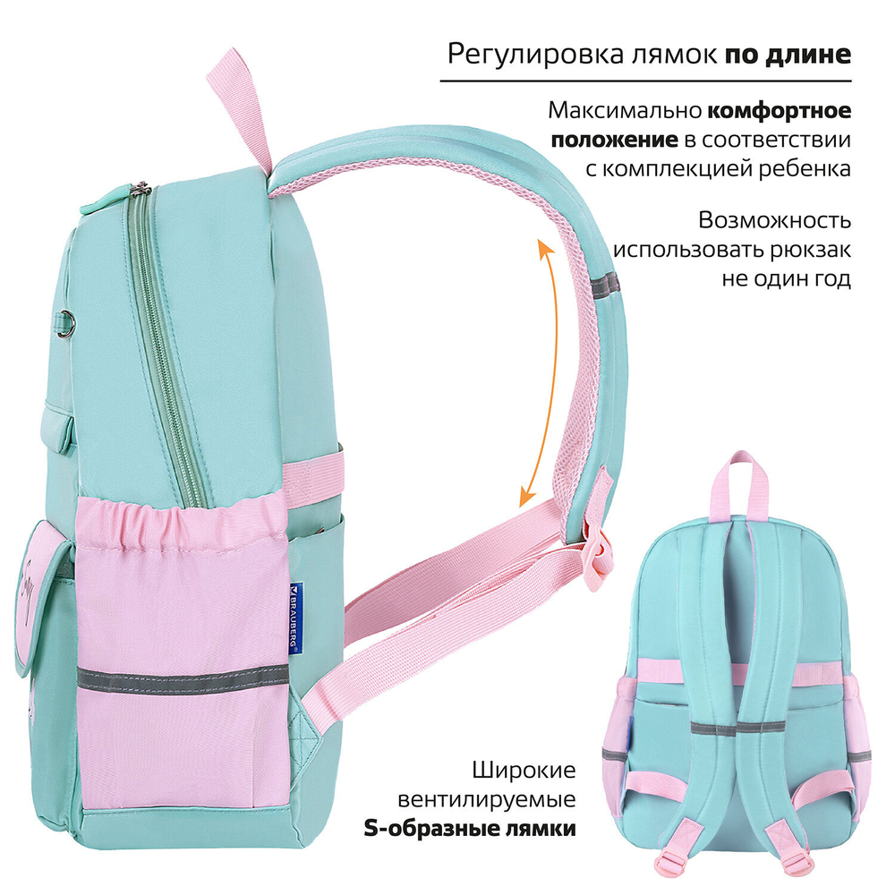 Рюкзак BRAUBERG PASTEL с термонашивками в комплекте, "Funny clouds", мятный, 40х29х14 см, 271421
