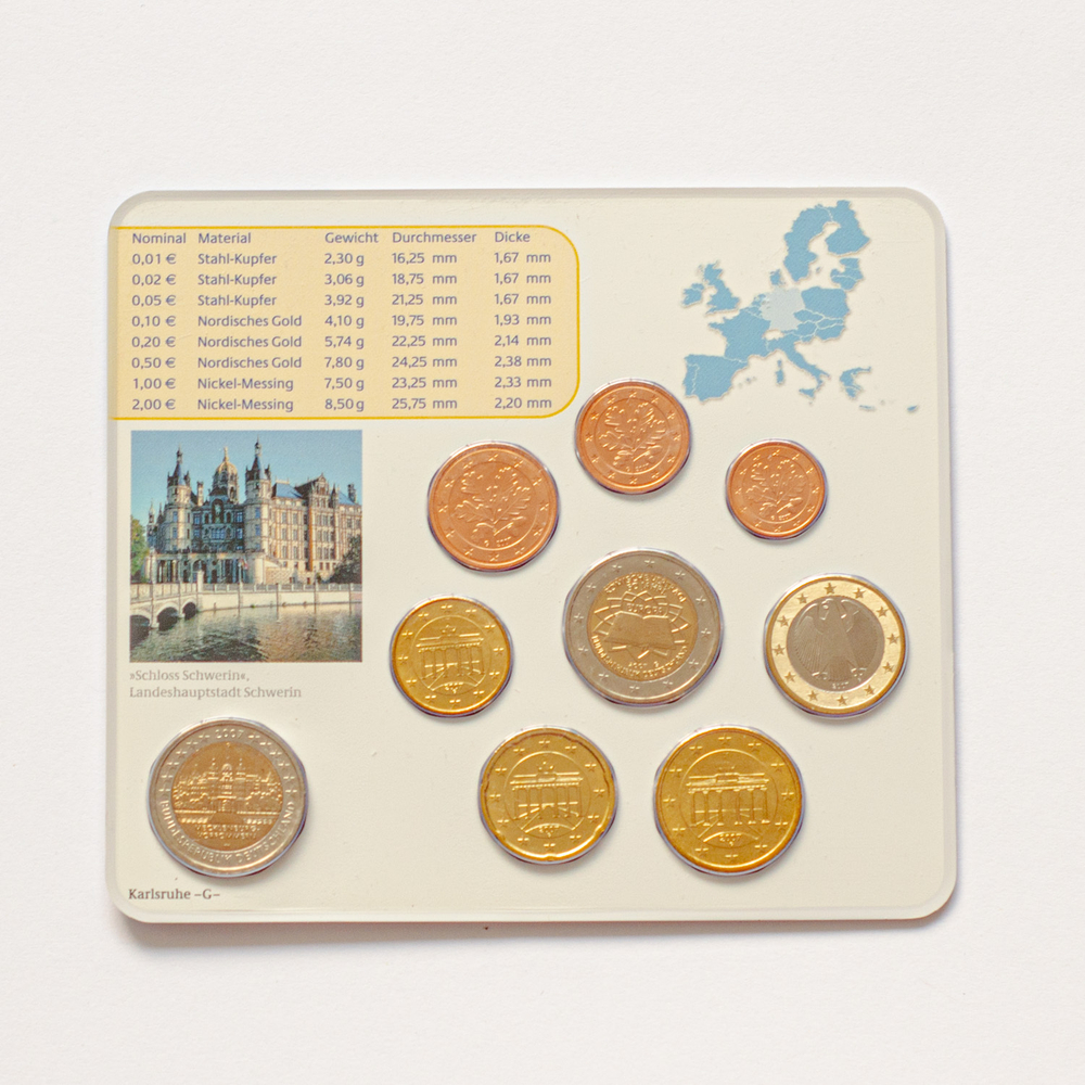 Germany 2007 Year Set (A, D, F, G, J) + 5 x 2 Euro: "Schwerin Castle (Mecklenburg-Vorpommern)" and "50th anniversary of the Treaty of Rome"