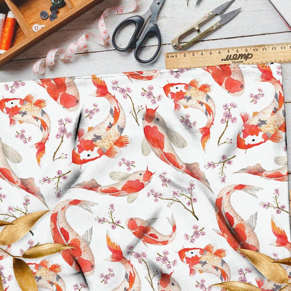 Ткань барби японские карпы с веточками цветов
