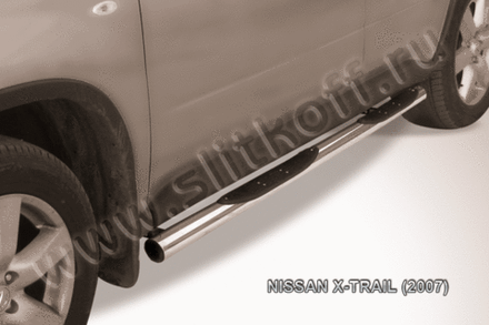 Пороги из нержавейки Nissan X-Trail (2007-2011) d76 с проступями (черный цвет)