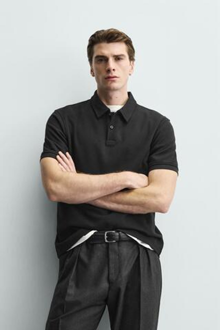 ZARA ПОЛО REGULAR FIT С РЕЛЬЕФНОЙ СТРУКТУРОЙ, ЧЕРНЫЙ