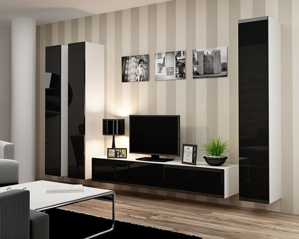 Гостиная Виго 1 МДФ (черная) / Белый Фасадный 0101 300*42*180 см, Черный, Белый Фасадный   Фиеста