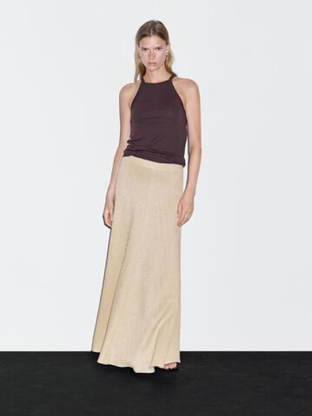 Massimo Dutti Длинная юбка с воланами, шоколадный