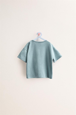 ZARA TIMELESS - ОДНОТОННАЯ ФУТБОЛКА ИЗ ХЛОПКА И ЛЬНА, ВЫЦВЕТШИЙ СИНИЙ