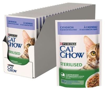 Влажный корм Cat Chow® для стерилизованных кошек с ягненком и зеленой фасолью в соусе, Пауч 85 г