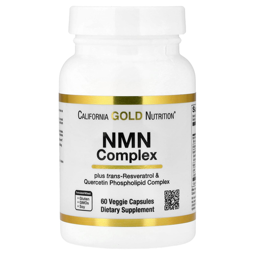 California Gold Nutrition, комплекс с NMN, транс-ресвератролом, фитосомным комплексом кверцетина, апигенином и лютеолином, 60 вегетарианских капсул