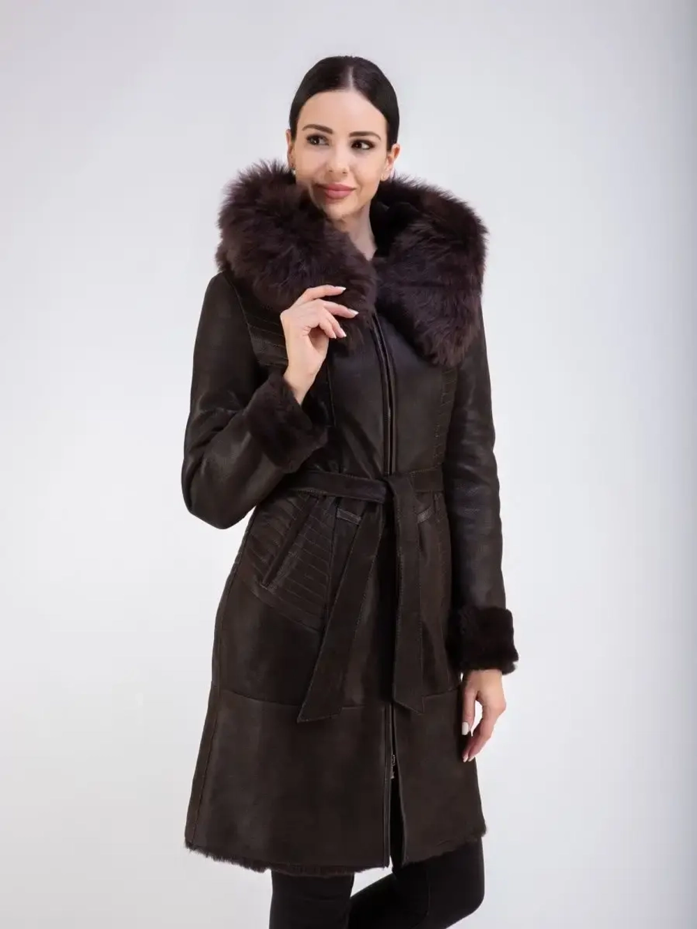 Дубленка женская натуральная с капюшоном длинная Турция