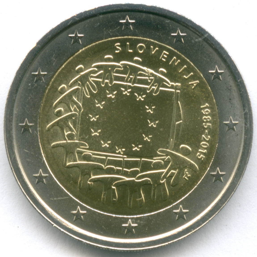 2 евро 2015 год. Словения. 30 лет флагу Евросоюза. Биметалл UNC