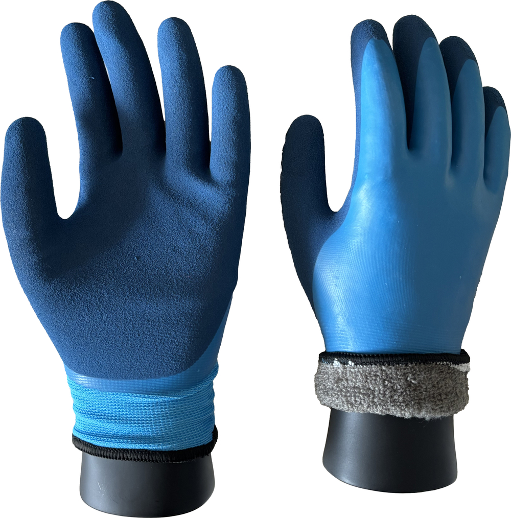 Перчатки 15G серый полиэстер +7G серая акриловая подкладка, полное синее латексное покрытие, покрытие ладони синим песчаным латексом