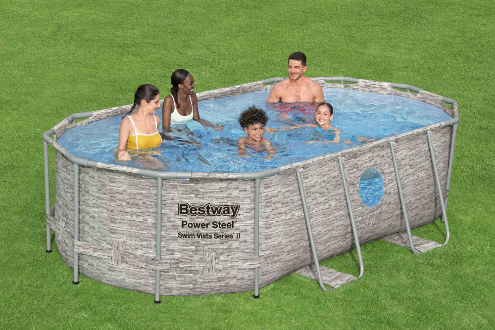 Каркасный овальный бассейн Bestway "Камень", 427х250х100 см + фильтр-насос 2006 л/ч, лестница, тент (56714 BW)