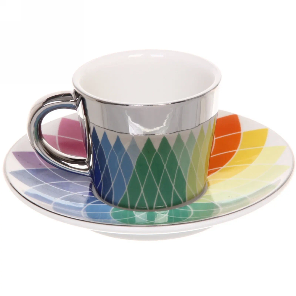 Кофейная пара (зеркальная кружка 90мл+блюдце) анаморфный дизайн «Радуга»