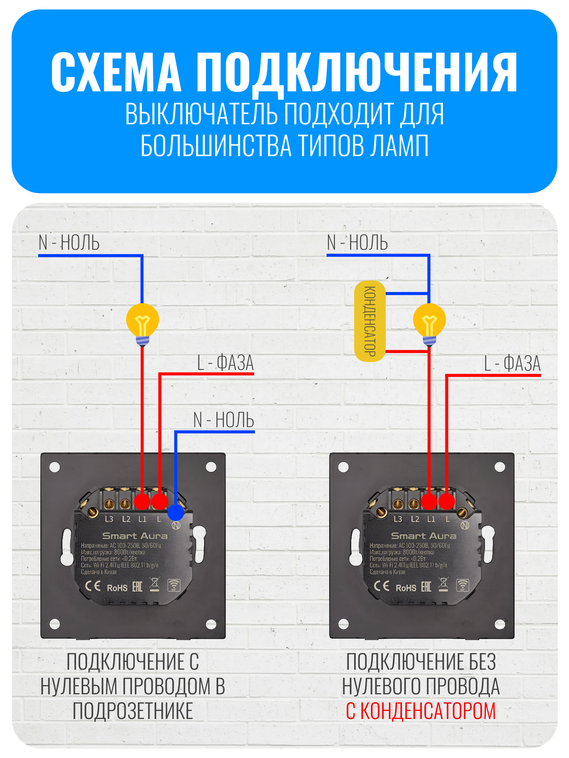Умный кнопочный Wi-Fi выключатель Smart Aura серия COSMO