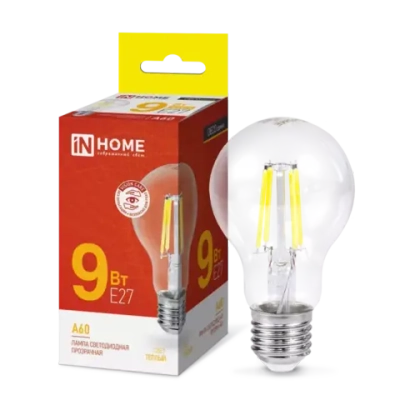 Лампа светодиодная LED-A60-deco 9Вт 230В Е27 3000К ТЕПЛЫЙ 1040Лм прозрачная IN HOME