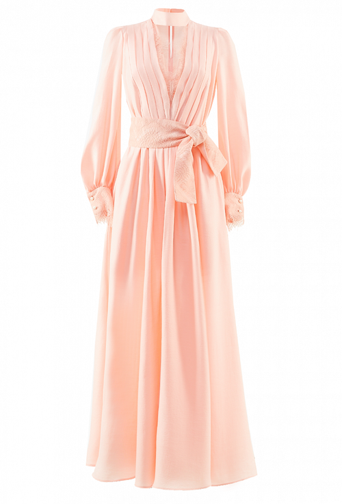 Длинное платье со складками на полочке розовое 35-02-20 SS