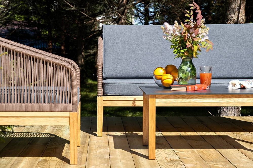 "Канны" лаунж-зона 4-местная из роупа со столиком "Канны" (серый гранит), основание дуб, роуп коричневый