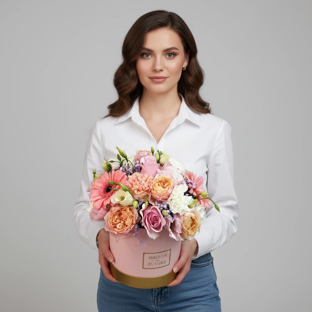 Нежно-розовая роза, кремовая кустовая роза, нежно-розовая гербера и белая эустома в шляпной коробке.