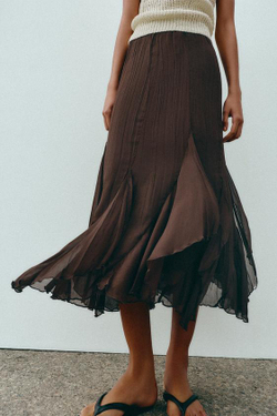 ZARA ЮБКА МИДИ С ВОЛАНАМИ И КРУЖЕВОМ, КОРИЧНЕВЫЙ