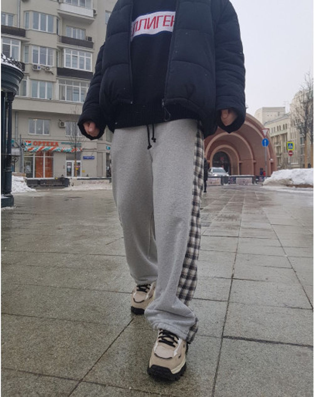 Брюки БИЧ с клетчатой вставкой Серые