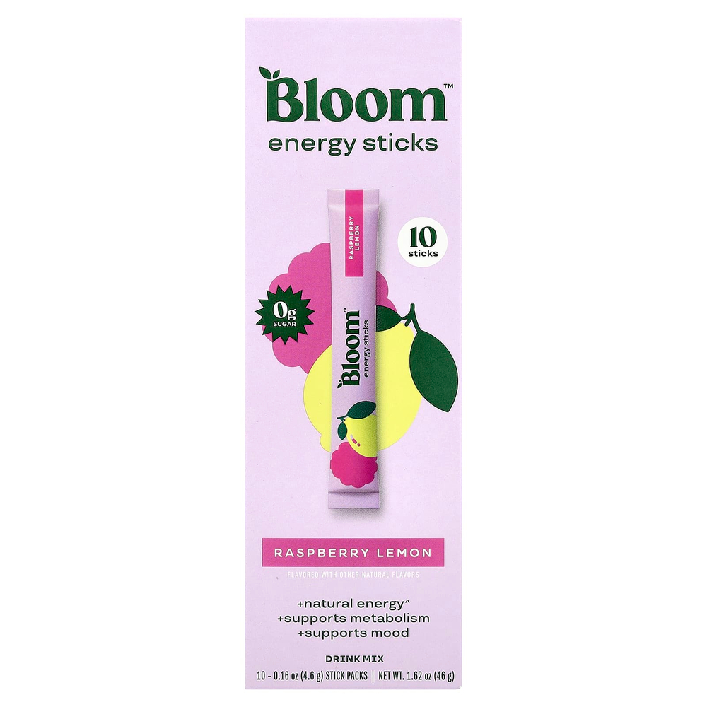 Bloom, энергетические стики, со вкусом малины и лимона, 10 шт. по 4,6 г (0,16 унции)
