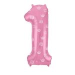Шар (40"/102 см) Цифра, 1, Slim, Короны, Розовый, в упаковке 1 шт.