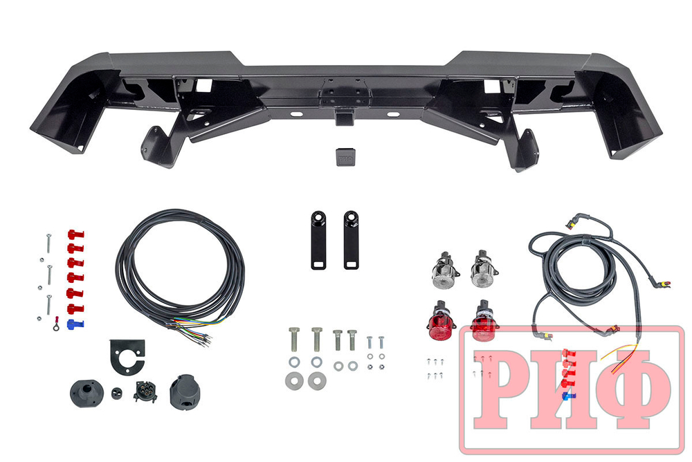 Бампер силовой задний Toyota Land Cruiser 78 2007+ с квадратом под фаркоп и фонарями РИФ