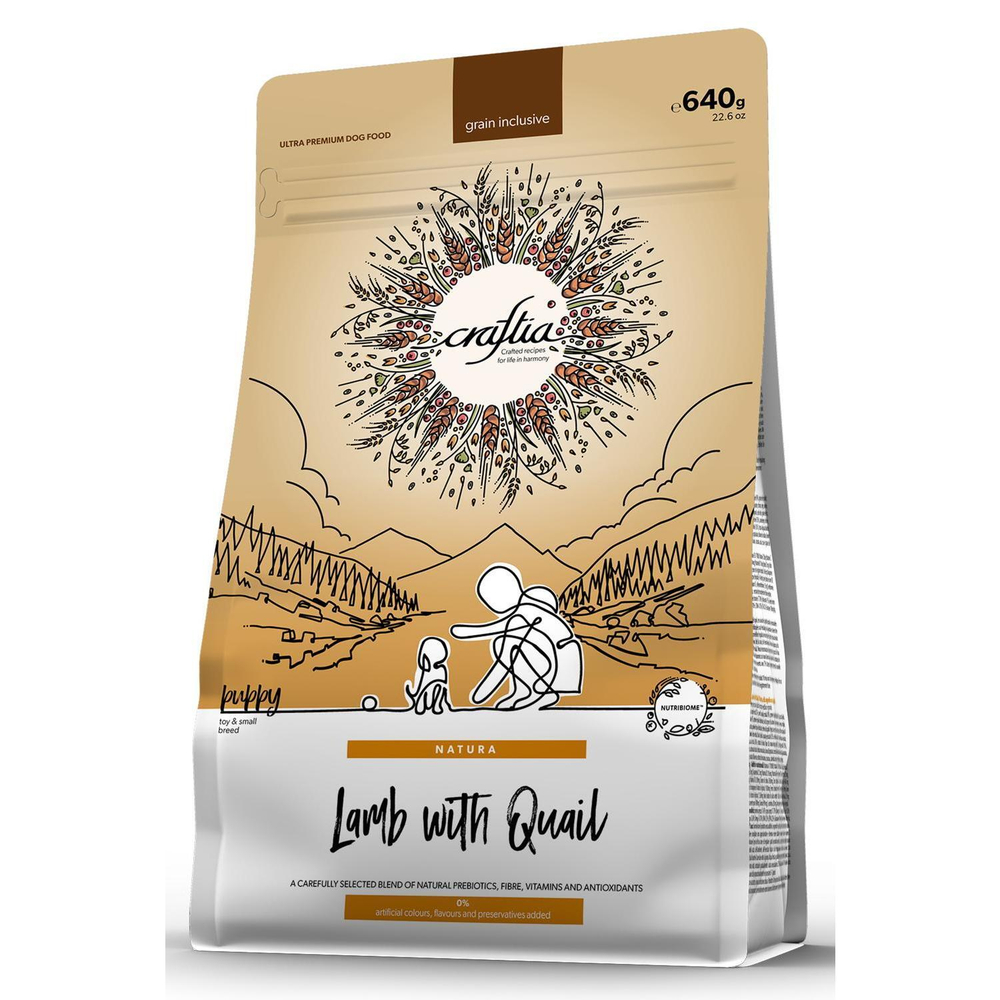 Корм для щенков Craftia Natura, 640 г, ягненок и перепелка