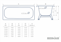 Стальная ванна ВИЗ Reimar 160x70 с опорной подставкой ОР-61205 (R-64901)