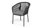 "Марсель" стул плетеный из роупа, каркас алюминий черный муар, роуп темно-серый круглый, ткань темно-серая 027