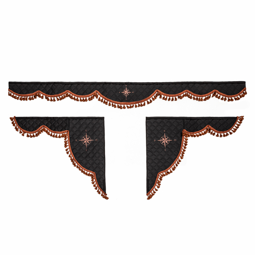 Ламбрекен 1,8м с косынками универсальные стеганые Роза Ветров (экокожа, черный, коричневые узелки)