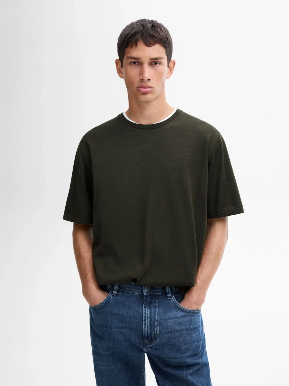 Massimo Dutti Футболка из мягкой ткани, темный хаки