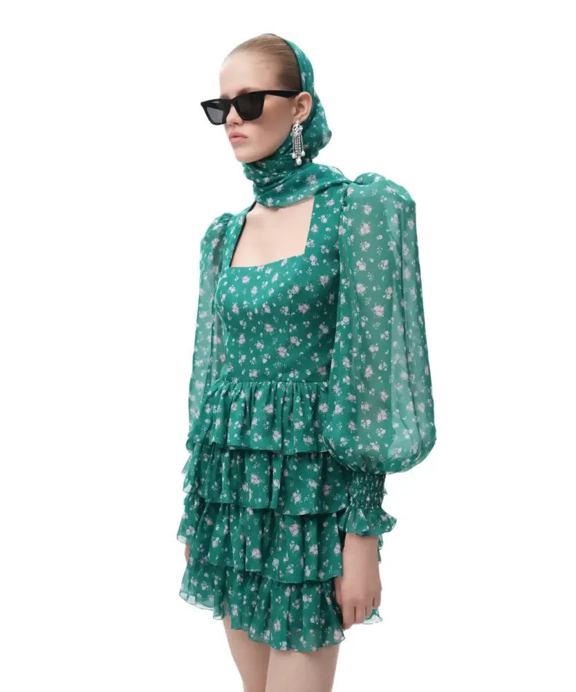 Valerie mini, платье мини из зеленого шифона с мелкими светло-розовыми цветами