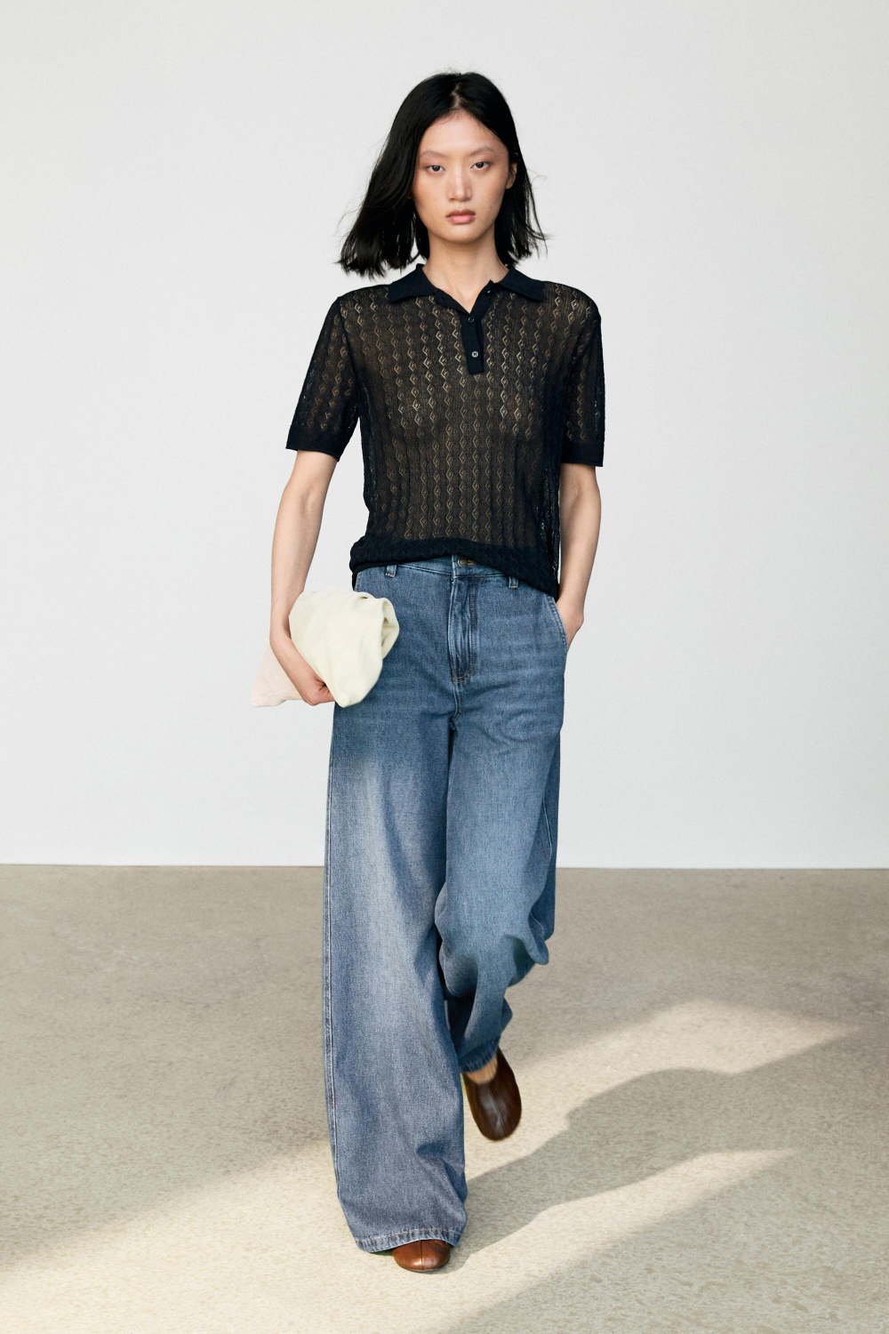 Massimo Dutti Трикотажное поло с ажурным узором, черный
