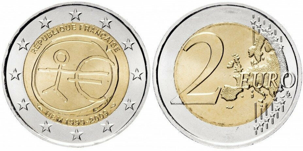 Франция 2 евро, 2009 10 лет монетарной политики ЕС (EMU) и введения евро XF